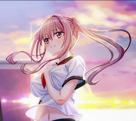 带雨濑美由参加全国大赛吧：480x425原生夕阳人物普通插画，完整白上衣领结衣物遮私密部位，无性行为裸露。不是操作UI。