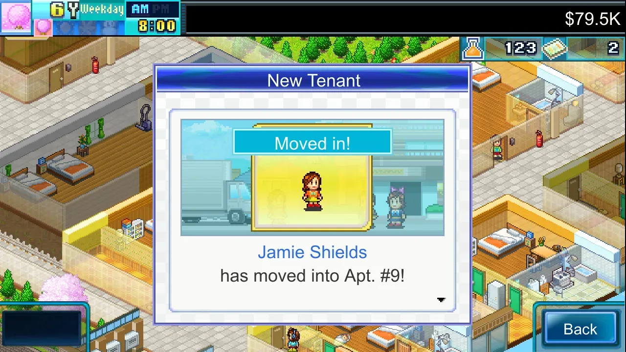 公寓物语：普通像素公寓NewTenant提示Jamie Shields入住9号房；6YWeekdayAM8:00，余额79.5K