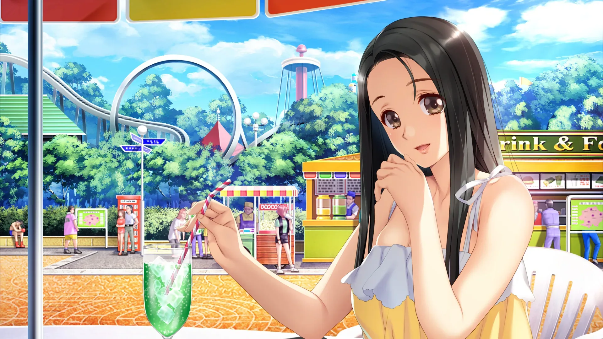 同级生Remake：游乐园饮料桌旁完整着装人物，普通日常插画