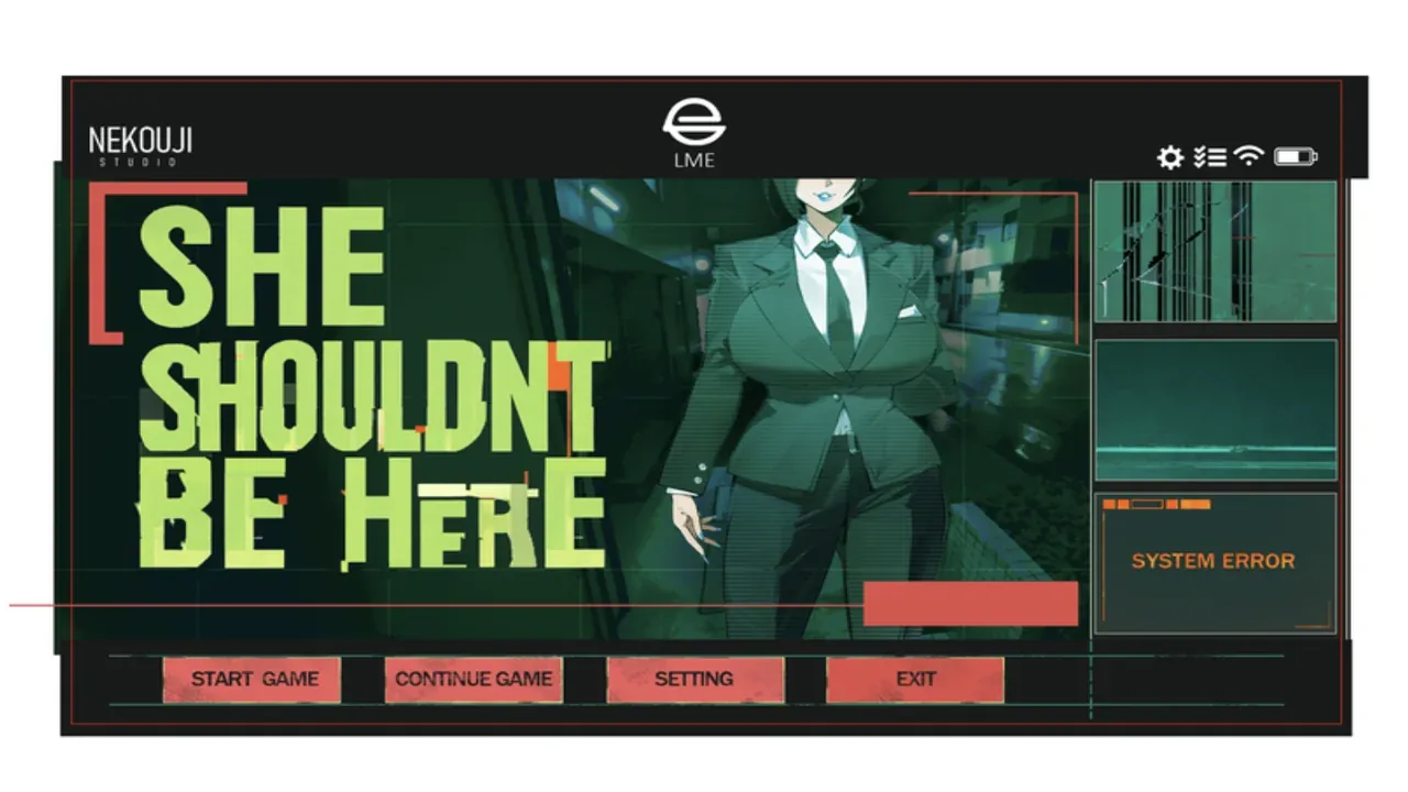 她本不该在这里：标题START/CONTINUE/SETTING/EXIT菜单，含虚构SYSTEM ERROR